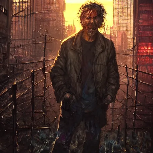 Image similar to cyberpunk, closeup portrait of a shaggy old cyberpunk fence, bald, tired eyes, tattered tweed jacket, dramatic light, city background, sunset, dystopian setting, high contrast, sharp, neuromancer, the finn, painted by stanley lau, painted by greg rutkowski, painted by stanley artgerm, digital art, trending on artstation