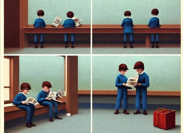 Image similar to a very boring day in school, kids faced away, all wearing identical clothes and reading newspapers, painting by quint buchholz and ray caesar, muted colors, gray, dull, boring, low energy, pale blue faces, very detailed, very coherent