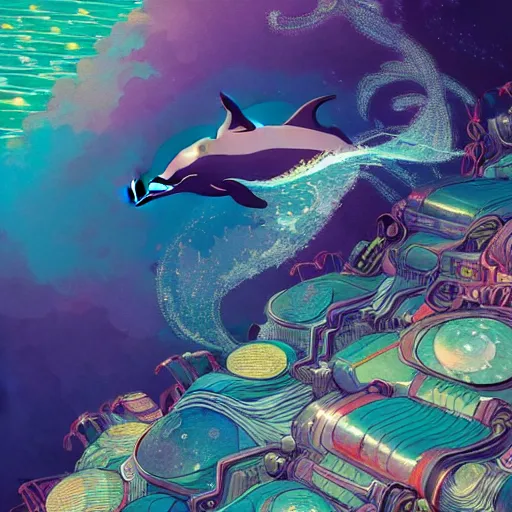 Prompt: a beautiful hyperdetailed character design 4 k wallpaper illustration of a cute dolphin, victo ngai cyberpunk style, from china, style of studio ghibli, makoto shinkai, raphael lacoste, louis comfort tiffany, artgerm, james jean, ross tran, chinese style