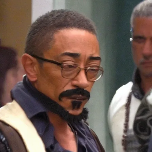 Prompt: Giancarlo esposito dressed like a mexican thug, black bandana covering mouth, blurry still