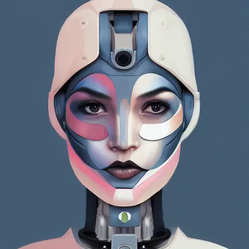 Image similar to android robot woman face painting, looking straight to camera, muted colors, matte print, pastel colors, ornate, digital art, cute smile, winning artwork, digital painting, professional art, elegant, by Ilya Kuvshinov, by artgerm