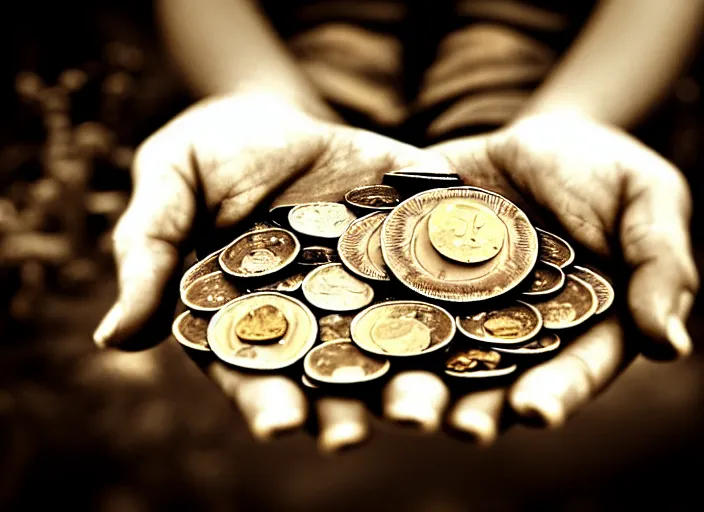 Image similar to old retro burnt out sepia photograph with scratches of an old and wrinkled hand holding a few golden coins with royal engravings. magical forest in the background with bokeh. Antique. High quality 8k. Intricate. Sony a7r iv 35mm. Award winning.