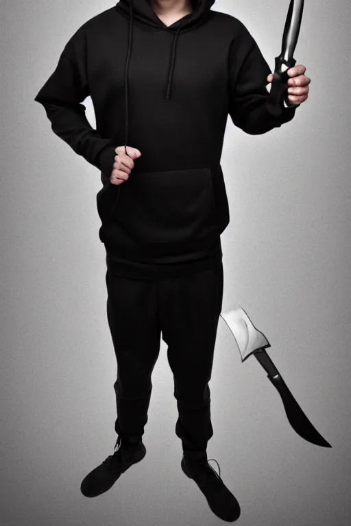 Image similar to a full body shot of a man in a black hoodie holding a dagger