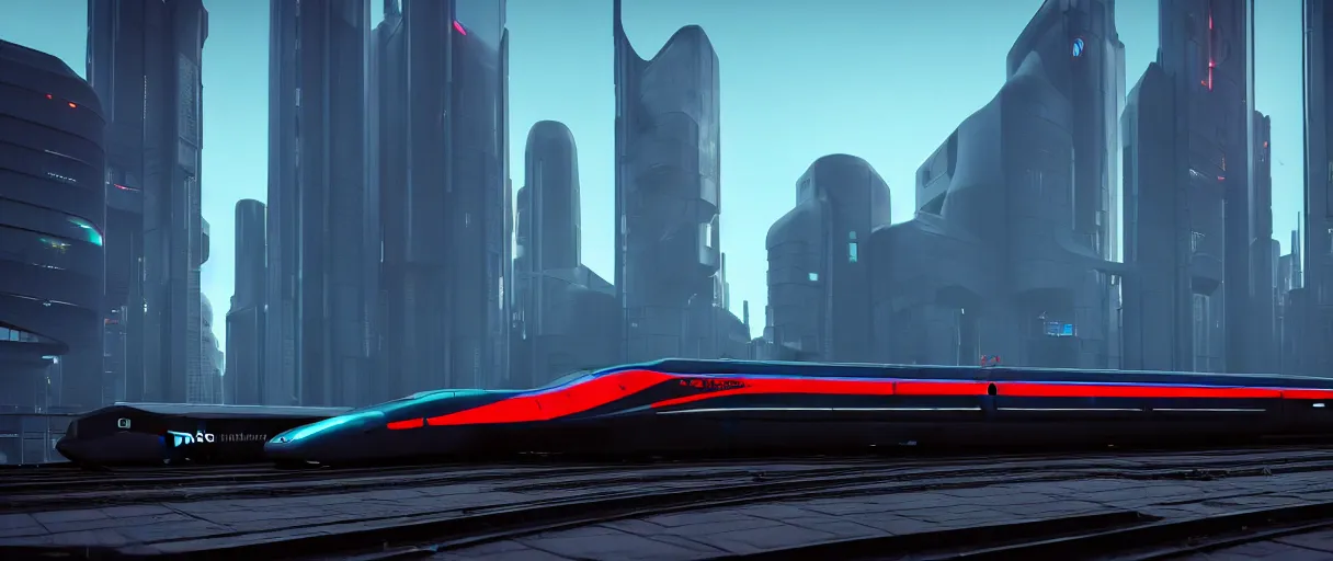 Prompt: futuristic city center with 890J maglev train in background, modern landscape architectural design for brutalist industrialpunk black concrete and glass, train with maroon, white and teal metallic accents, gorgeous lighting, golden hour, cyberpunk, 2077, dramatic lighting and composition, photography, 8k, origin 100i, star citizen concept art, single line, golden ratio, minimalistic composition, side profile