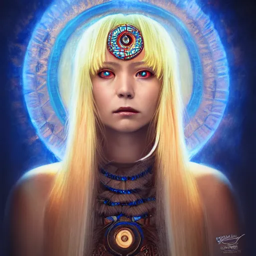 Image similar to rimuru tempest from tensura as a mayan matriarch, with amber eyes of golden colored eyes, straight hair, sky blue hair, long bangs, high collar, concept art, award winning photography, digital painting, cinematic, wlop, 8 k, by ross tran, tom bagshaw, andy warhol