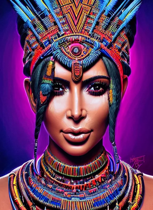 Image similar to portrait of kim kardashian, hyper detailed ultra sharp aztec shaman warrior. trending on artstation, warpaint aesthetic, bloodwave, colorful, psychedelic, ornate, intricate, digital painting, concept art, smooth, sharp focus, illustration, art by artgerm and greg rutkowski and h. r. giger, 8 k