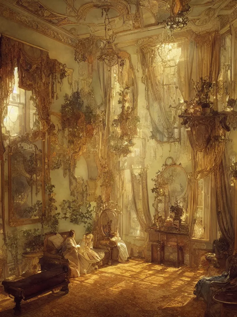 Prompt: a beautifull intricate watercolour painting of a victorian room, reflexions, verry high details by william turner art, greg rutkowski and alphonse mucha, trending on artstation, very very detailed, masterpiece, golden hour lighting, wide lens,