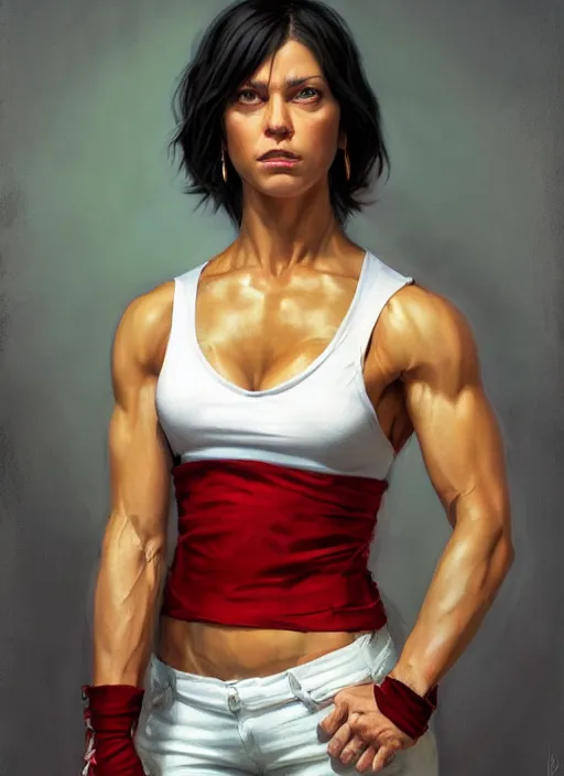 Prompt: a portrait a woman in her 2 0 s, muscular, wearing red tanktop vest with gold lining, white bandages on fists, black hair, short - medium length hair, serious, style by donato giancola, wayne reynolds, jeff easley dramatic light, high detail, cinematic lighting, artstation, dungeons and dragons