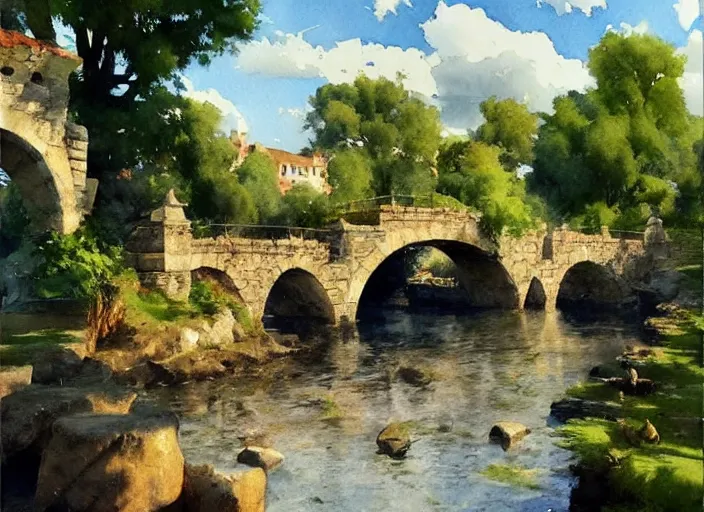 Image similar to watercolor of rustic stone bridge with mural, ivy, summer daylight, bright clear day, clouds, high detailed art by dennis miller bunker, work by anders zorn, wonderful masterpiece by greg rutkowski, beautiful cinematic light, american romanticism by greg manchess, creation by tyler edlin