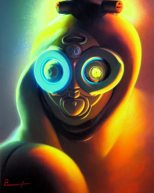 Image similar to zenyatta from overwatch, nine eyes, character portrait, portrait, close up, vintage fantasy art, vintage sci - fi art, radiant light, caustics, by boris vallejo