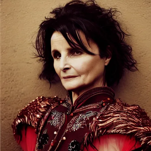 Image similar to Juliette Binoche wearing Mongolian armor, portrait, fashion photography, by Hedi Slimane