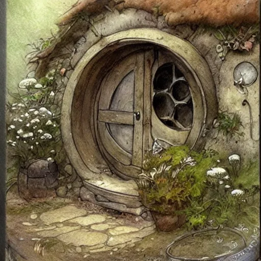 Image similar to hobbit house. muted colors. by Jean-Baptiste Monge style of Jean-Baptiste Monge painted by Jean-Baptiste Monge in art book of Jean-Baptiste Monge, art by Jean-Baptiste Monge, drawings by Jean-Baptiste Monge, paintings by Jean-Baptiste Monge