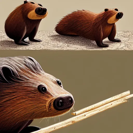 Image similar to photography hyperrealism concept art of anthropomorphic beavers as construction builders that building city from sticks