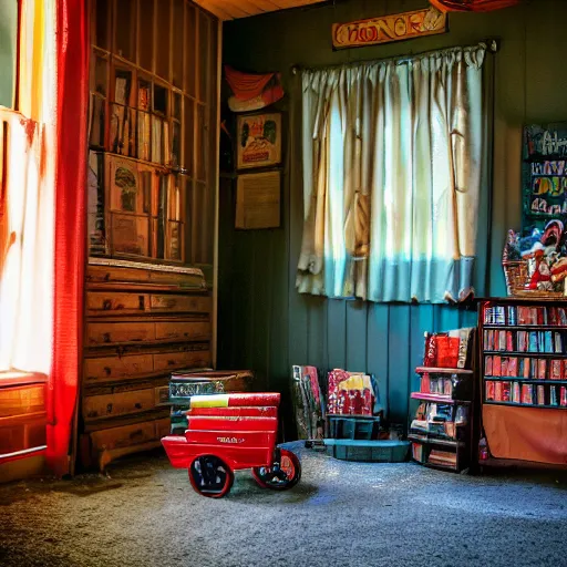 Image similar to A darkened kitsch-filled dusty parlor brightened by the morning sun, a (child\'s red wagon filled with books) is in the corner of the room, cinematic, vignette, ultrarealistic, photograph, 55mm