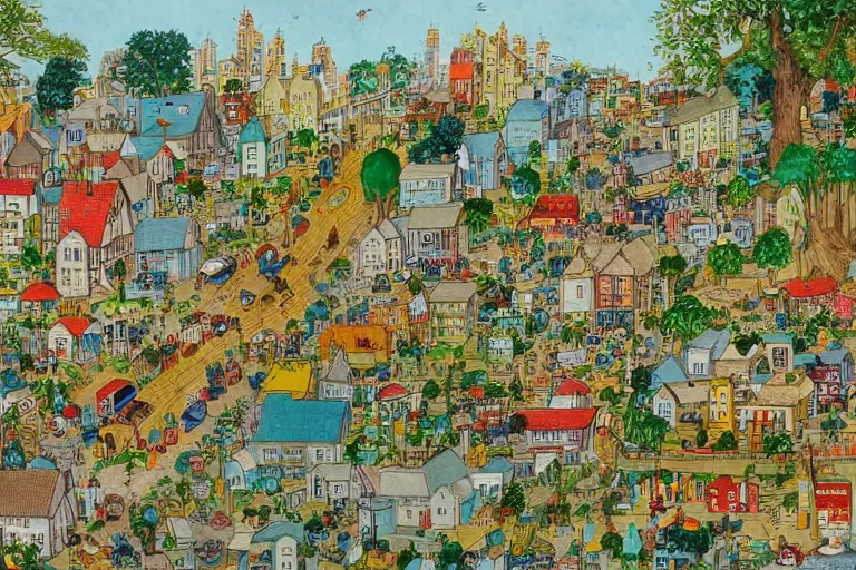 Image similar to an elaborate and dense painting of a peaceful neighborhood, detailed, made of alcohol ink on parchment and penned illustrations, by richard scarry and bosch