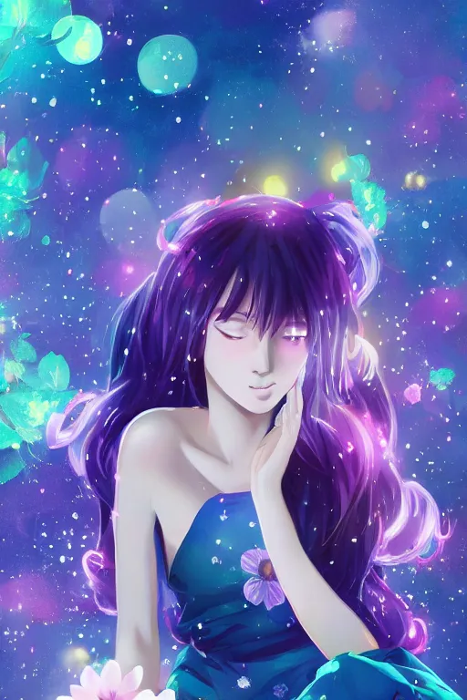 Image similar to whimsical, anime, 4k, beautiful intimate woman with professional makeup, long purple hair, a crystal and flower dress, sitting in on a reflective pond underneath the stars, rainbow fireflies, trending on patreon, deviantart, twitter, artstation, subtle and detailed, heavy contrast, art style of Ross Tran and Ilya Kuvshinov