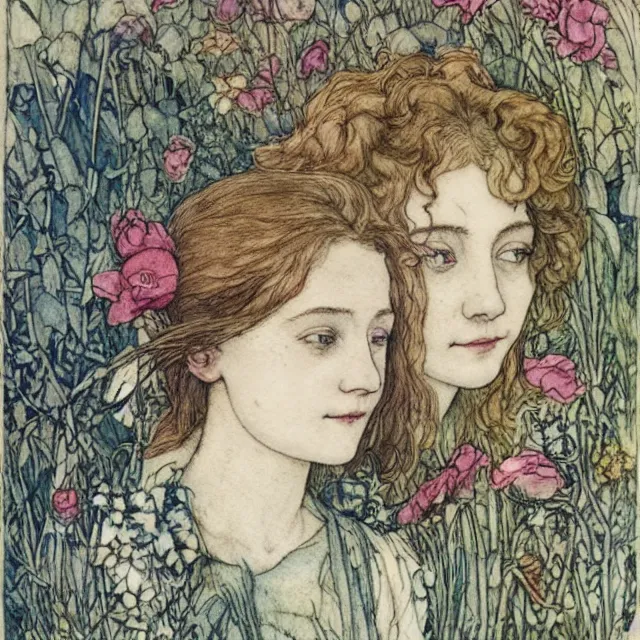 Prompt: a detailed, intricate watercolor and ink portrait illustration with fine lines of young 1 4 year old saoirse emma ronan watson looking over her shoulder, among flowers, by arthur rackham and edmund dulac and walter crane