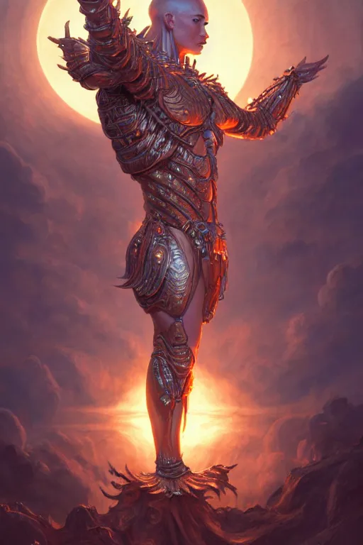 Image similar to humanoid god of the sun, highly detailed, d & d, fantasy, hyper detailed, digital painting, trending on artstation, apollo, concept art, sharp focus, illustration, art by artgerm and magali villeneuve and greg rutkowski and michael whelan, cryengine, 8 k realistic atmospheric lighting, frostbite 3 engine