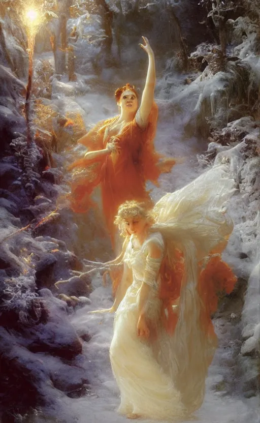 Image similar to wizard casting a powerful frost spell by adrian smith and delphin enjolras and daniel f. gerhartz and pierre auguste cot