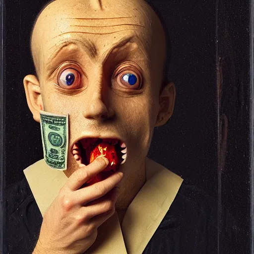 Image similar to portrait of a broken man eating money, wax figure