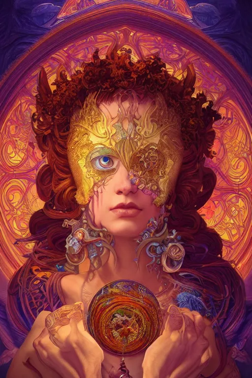 Image similar to portrait of a beautiful sorceress by artgerm, mandala, rococo, vivid color, complementary color, golden ratio, detailed, sharp lines, sharp focus, intricate, rainbowshift, by maxfield parrish, by peter mohrbacher, by gustave dore, by alphonse mucha, deviantart, octane render