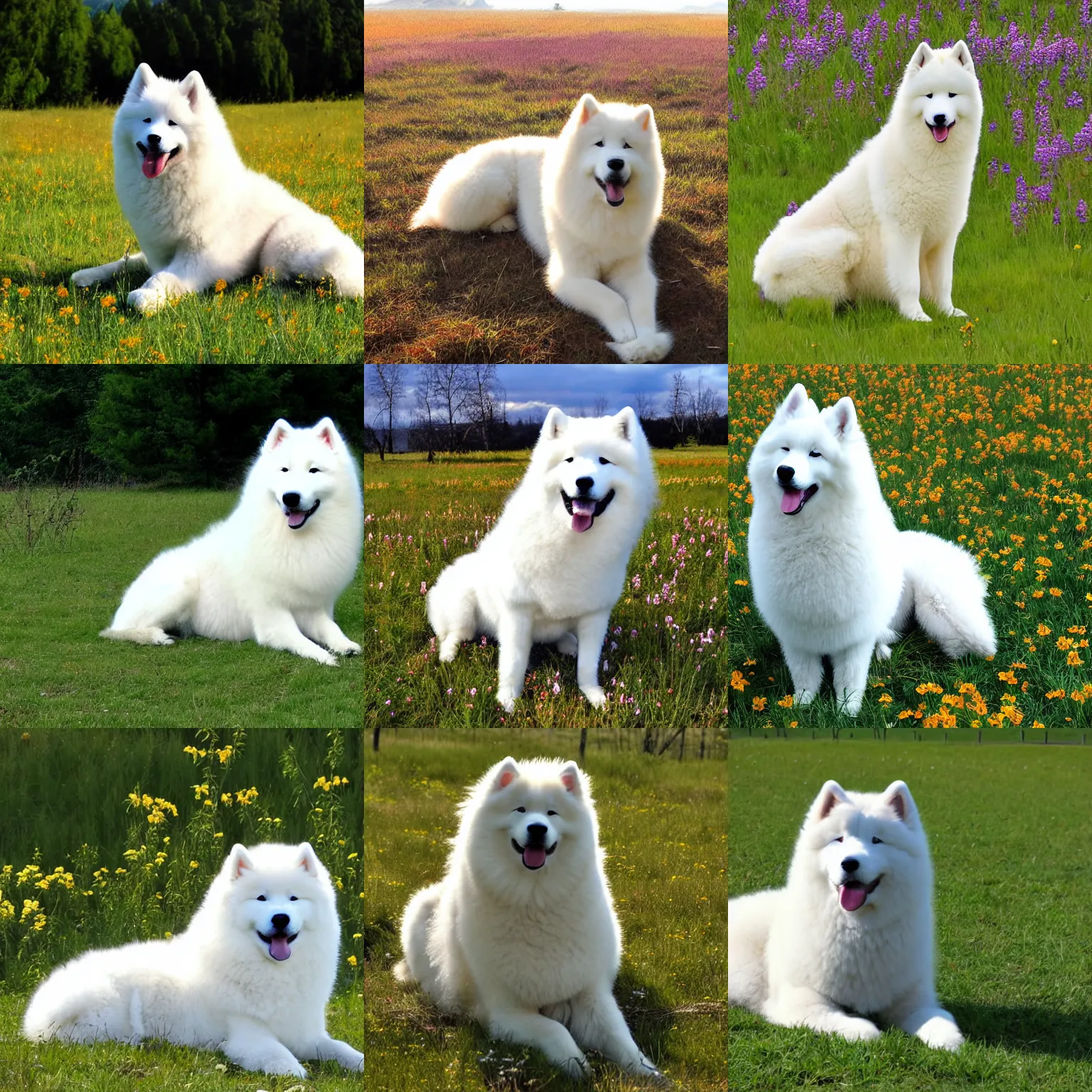 Prompt: a samoyed dog sitting in the middle of sunny meadow, colored, by Makoto Yukimura