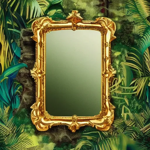 Prompt: fancy gold baroque frame in middle of jungle