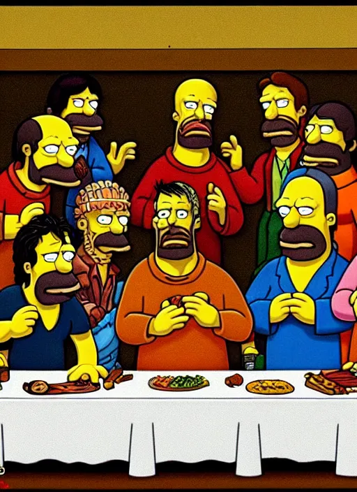 Prompt: the last supper, but with simpsons characters, highly detailed, fine art