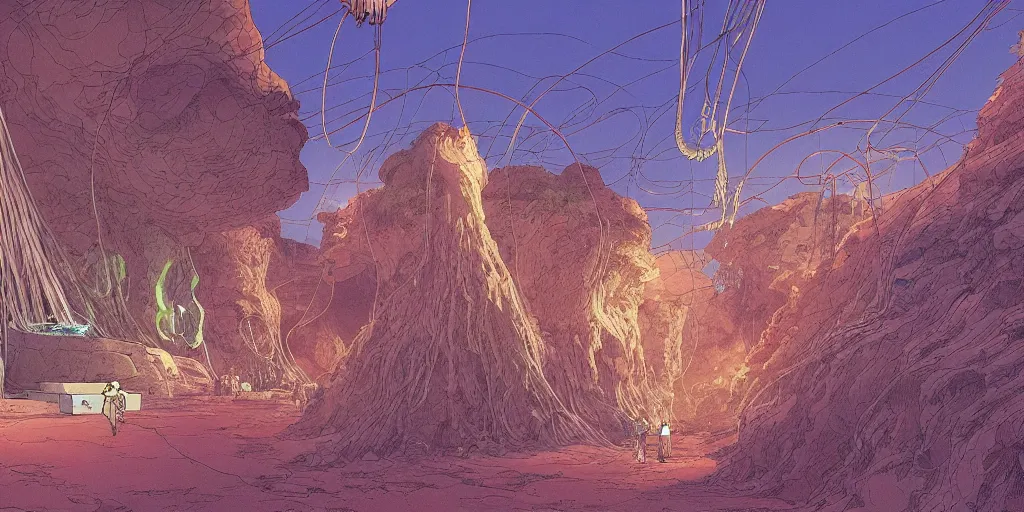 Image similar to vast natural cave with bizarre creatures in huge experimental tanks , cables hanging from ceiling, thick cables on ground, ground perspective, computer screens, neons, top light , epic scene, 8k, illustration, art by ghibli moebius, comics art