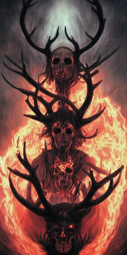 Prompt: intense glowing black metal pagan god with antlers and intense glowing white eyes with a skull on fire in very dark void by artgerm and beksinski and alphonse mucha, portrait, fantasy, clear, fire, light beams, lens flare, intense, uhd, amazing depth, cinematic lighting, black and red and intense orange and yellow