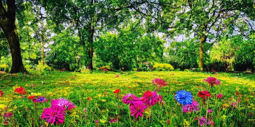 Prompt: A beautiful and colorful flower in the middle of a green and beautiful garden with tall trees where water drops shine on the grass and the sun shines gently on the leaves of the trees, professional photography-n 6