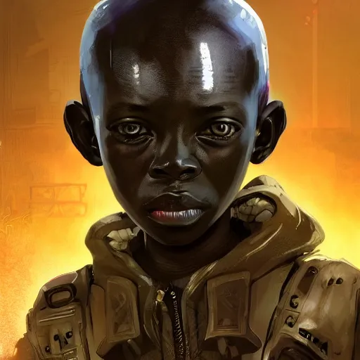 Image similar to a dark and ominous african child soldier with a half robot face and one glowing eye, Apex Legends character digital illustration portrait design, by android jones and greg rutkowski in a cyberpunk voodoo style, detailed, cinematic lighting, wide angle action dynamic portrait