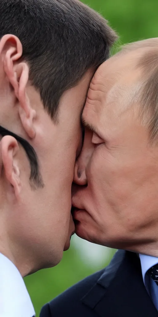 Image similar to Vladimir Putin kissing Volodymyr Zelenskyy