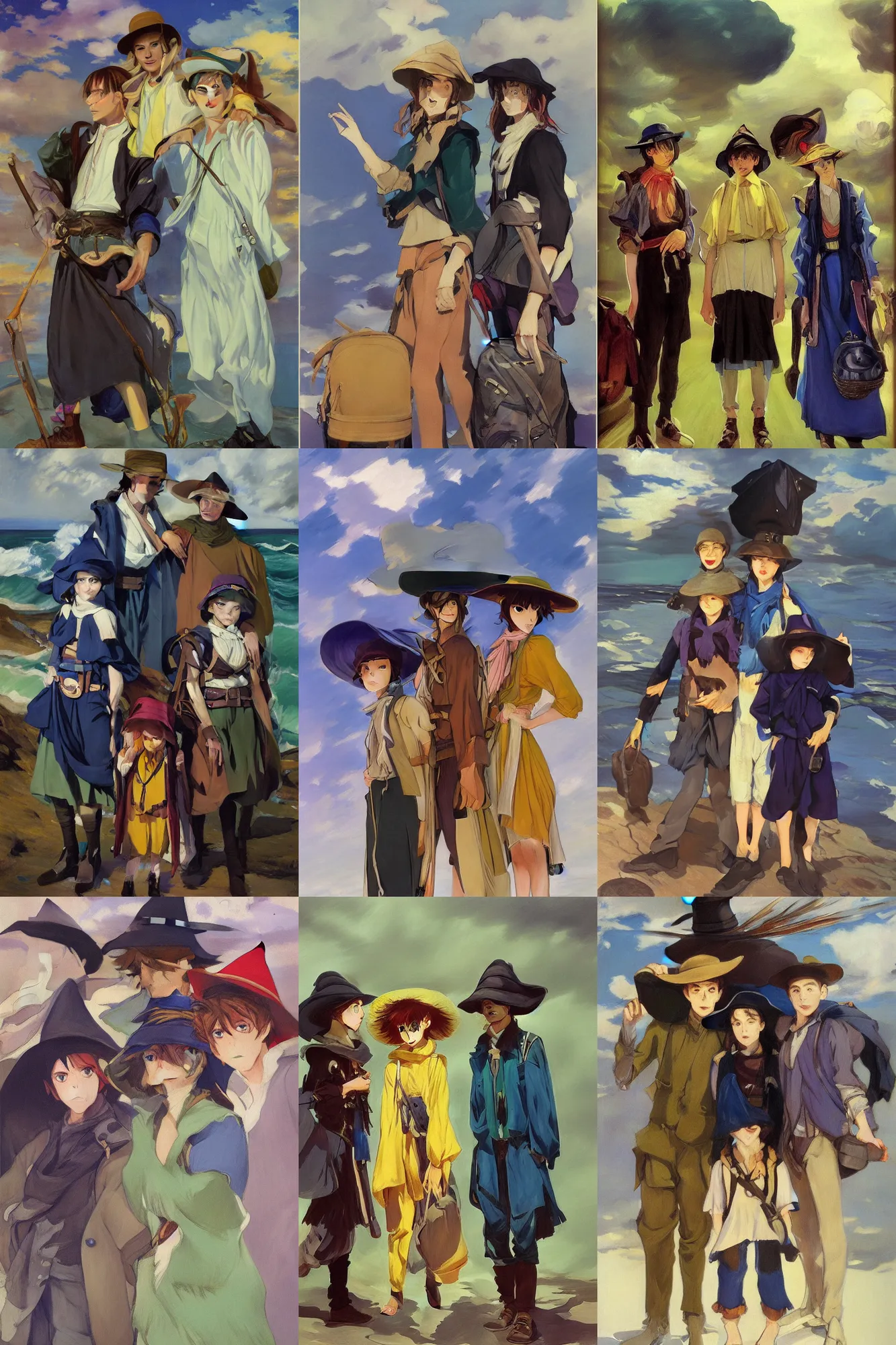 Prompt: portrait of three of fashionable young adventures witch and wizard wearing rich adventure backpacks and large flat hats and tough ponchos, dramatic light, thunder clouds in the sky, stormy sea by frederick judd waugh, simple form, brutal shapes, shaman, pixiv, 1970s fashion, official anime media, studio ghiblil, artwork by Joaquin Sorolla and john william waterhouse and Denis Sarazhin and James Jean and klimt and rhads and van gogh and Dean Ellis and Detmold Charles Maurice