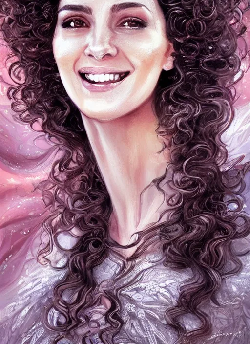 Image similar to beautiful female angel, brunette with big smile and curly hairstyle, looks like Ebru Şahin, Reyyan, looks like Fabiula Nascimento, looks like Laura Barriales, looks like Julia Roberts, D&D, fantasy, intricate, elegant, highly detailed, digital painting, artstation, concept art, character design, smooth, sharp focus, illustration, art by artgerm and greg rutkowski and alphonse mucha