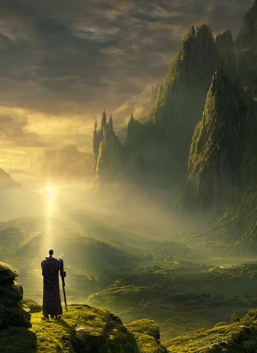 Prompt: a cosmic monk in lord of the rings scenery landscape, looking out at a vast lush valley at sunrise, temple castle in the distance, god's rays, highly detailed, vivid color, cinematic lighting, perfect composition, 8 k, gustave dore, derek zabrocki, greg rutkowski, belsinski, octane render