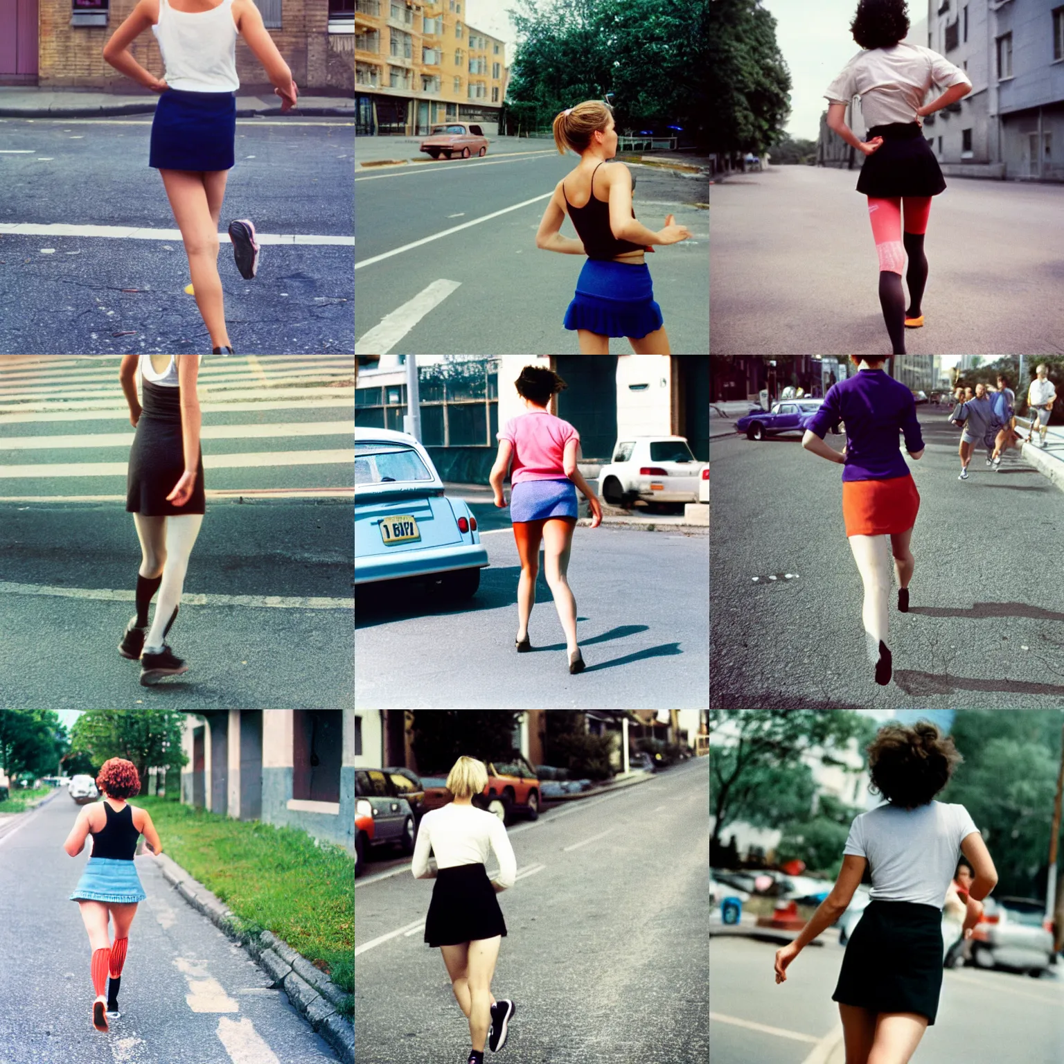 Prompt: A woman, running, mini-skirt, short hair, tights, building, car; on the street, summer; 90's professional color photograph, close up, view from behind,