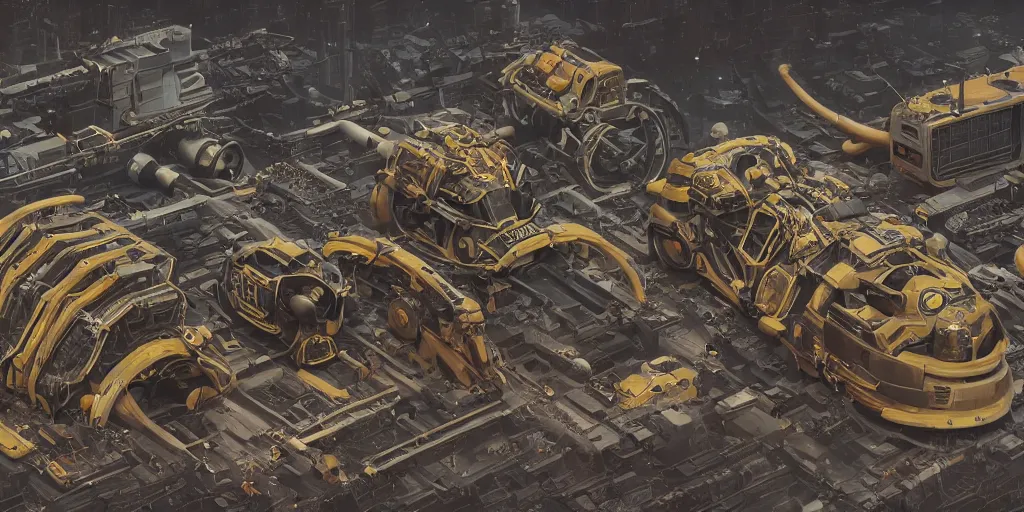 Image similar to collection of exploration of form and shapes, props, hard surface, panel, simon stalenhag, kitbash, items, gadget, big medium small, close up, vehicles, futuristic, parts, machinery, greebles, insanely detailed, case, hardware, golden ratio, wes anderson color scheme