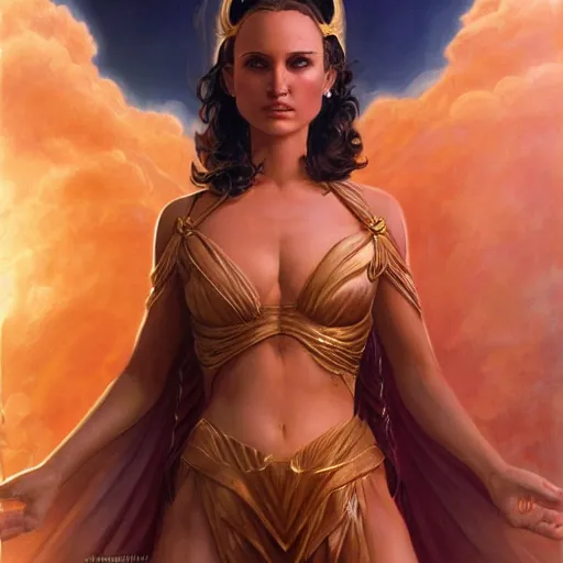 Image similar to natalie portman as a sorceress, artstation, boris vallejo, highly detailed