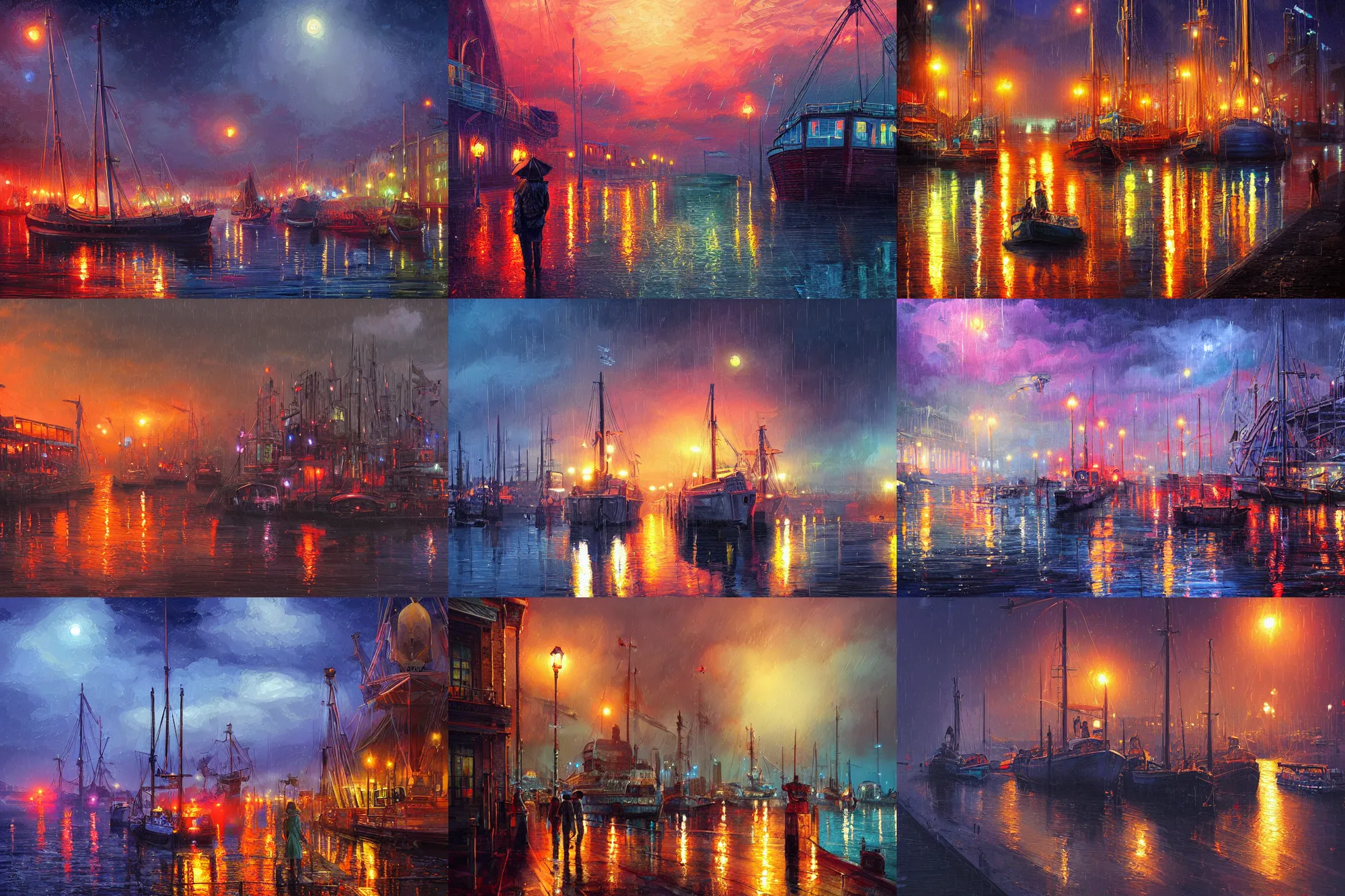 Prompt: victorian harbour night, rain, a beautiful painting, digital art, overdetailed art, concept art, detailed illustration, hd, 4k, digital art, highly saturated colors, Dan Mumford, Greg rutkowski