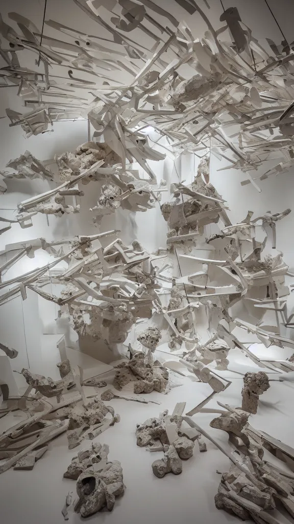 Image similar to sculpture explosion in a white museum hall, luxury and minimal atmosphere hyper - detailed, ultra - realistic, 8 k, post - production, photo real ultra - high detail, museum atmosphere, cinematic lighting