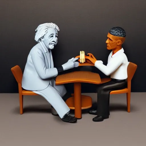 Image similar to Einstein and Obama sitting at McDonalds, ultra detailed, photorealistic, dramatic lighting