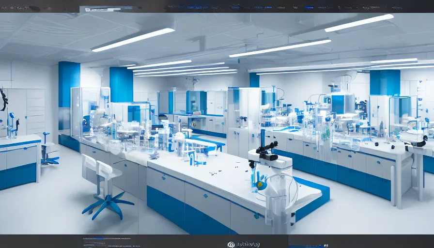 Prompt: biology laboratory, white color scheme, reagents, blue decoration, microscope game cg, hyperdetailed, trending on cgsociety