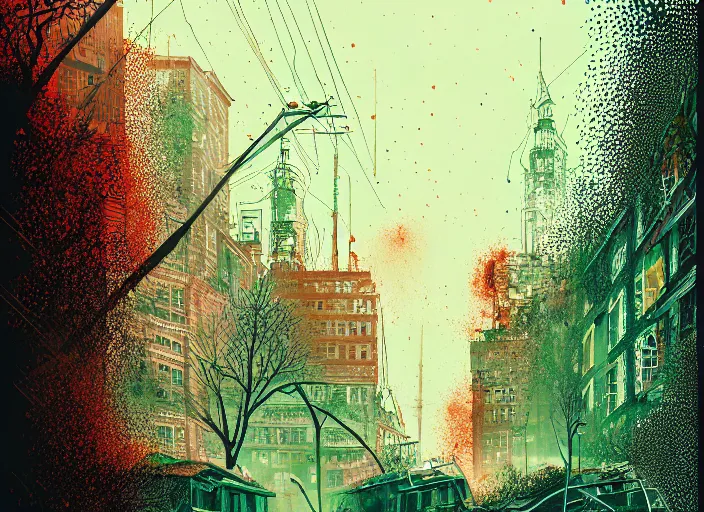 Image similar to city covered in overgrowth, colorful, Mads Berg, Karolis Strautniekas, stippled light, editorial illustration, detailed,fine texture, textured, matte print