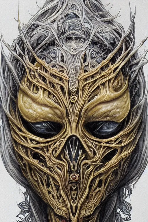 Image similar to Elden Ring and Doom themed painting of majestic chromatic biomechanical anatomical elven female hybrid beautiful ethereal angel symmetrical neutral mask closeup face tattoo pattern golden ratio concept, Neo-Gothic concept, infinity glyph waves, intricate artwork masterpiece, very coherent artwork, cinematic, full frontal facial features by Artgerm, art by H.R. Giger, Takato Yamamoto, Zdizslaw Beksinski, Johnatan Wayshak, Moebius, Ayami Kojima, very anatomically coherent artwork, trending on cgsociety, ultra high quality model, production quality cinema model, high detail chromatic ink outline, octane render, unreal engine 8k, hyper realism, high detail, octane render, unreal engine, 8k, High contrast