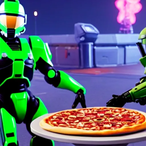 Image similar to Master Chief and Robocop sharing a pizza, a screenshot from Fortnite
