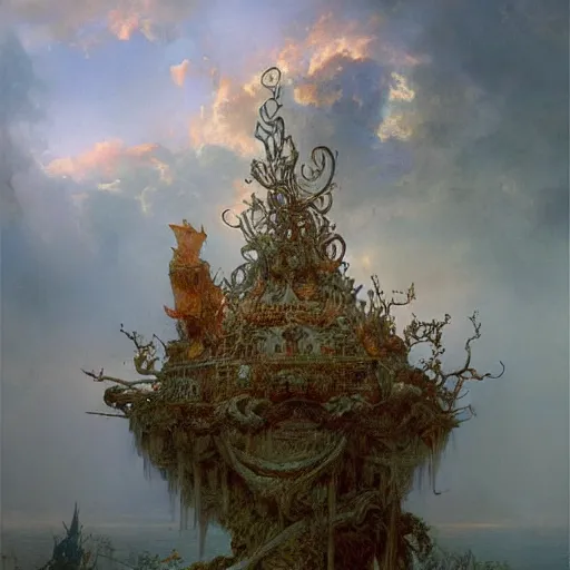 Prompt: Ellen Jewett, beautiful surreal palatial pudding at dawn, gustave dore, ferdinand knab, Hans Andersen Brendekilde