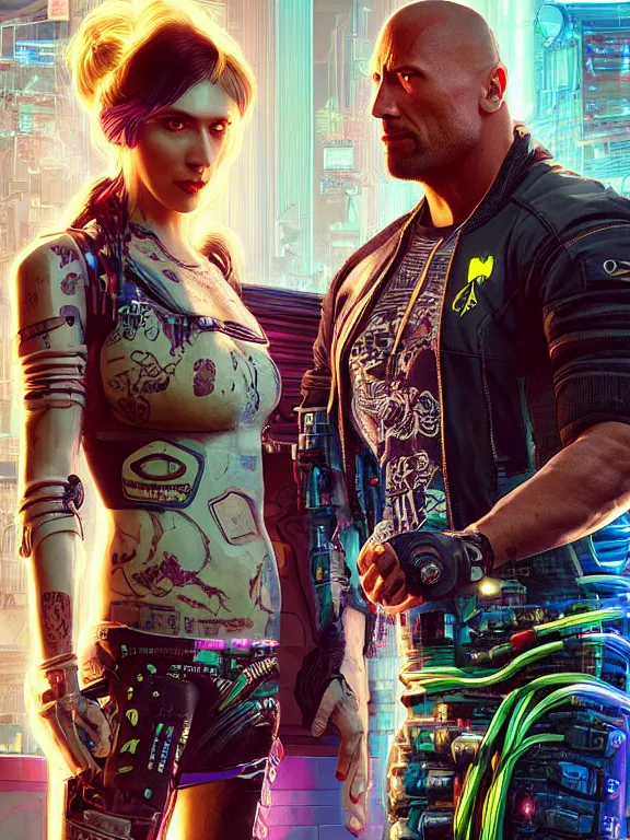 Image similar to a cyberpunk 2077 wedding couple portrait of Dwayne Johnson and a female android,complex mess of cables and wires behind them connected to giant computer,film lighting,by laurie greasley,Lawrence Alma-Tadema,William Morris,Dan Mumford, trending on atrstation,full of color,face enhance,sharp focus, highly detailed,8K, octane,golden ratio,cinematic lighting