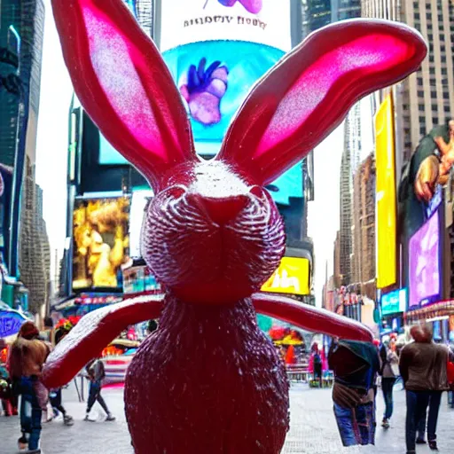 Prompt: a realistic sculpture made out of jelly of a very scary bunny with sharp teeth made by michelangelo, standing in times square, 3 d render, hyper detailed, sharp focus, 8 k resolution