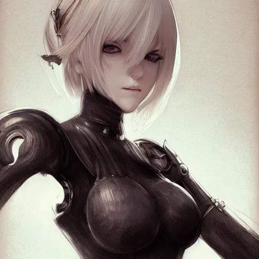 Prompt: sketch drawing of 2 b nier automata, beautiful piercing eyes, beautiful blonde hair, hyper realistic face, in the style of greg rutkowski, fantasy, amazing detail, epic, elegant, smooth, sharp focus, from the front